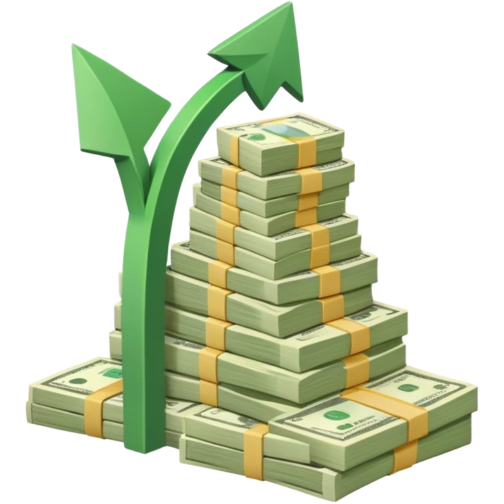 upward arrow next to a growing stack of cash money bills, financial growth emoji