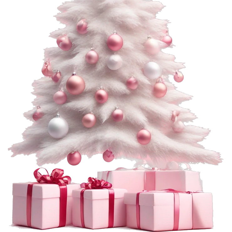 Light pink Christmas gifts under a white Christmas tree  emoji