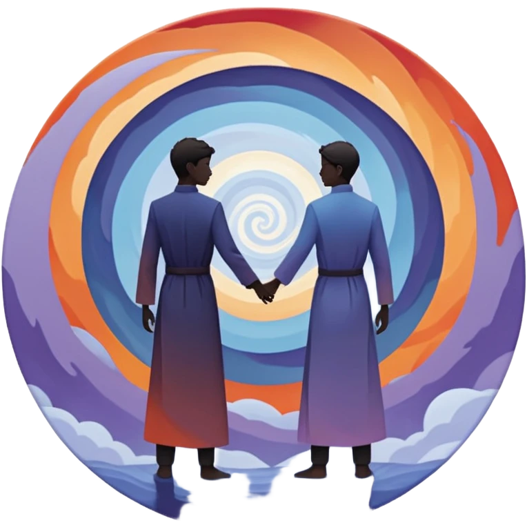 Center composition: Two silhouetted figures standing back-to-back or side-by-side in a circle of calm (soft blues, lavenders, white light)
Around them: Swirling storm energy—abstract shapes, wind lines, chaotic movement in reds, oranges, and dark grays emoji