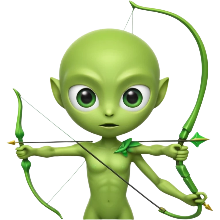 3D emoji-style green alien holding a bow and arrow, glossy texture, smooth skin, large expressive eyes, small humanoid body, minimalist background, soft lighting, Pixar-style rendering, high detail, cute but slightly serious expression, clean centered composition. emoji