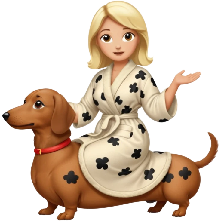 A blonde curvy woman riding on top of a dachshund wearing a robe emoji