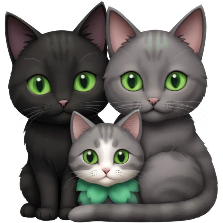 1 regal looking grey cat with pastal green eyes and 1 black with green eyes cat cuddling emoji