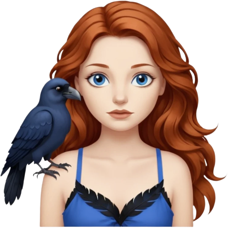 Constantine and Long wavy Auburn hair woman BLUE eyes wearing blue cami and a crow emoji