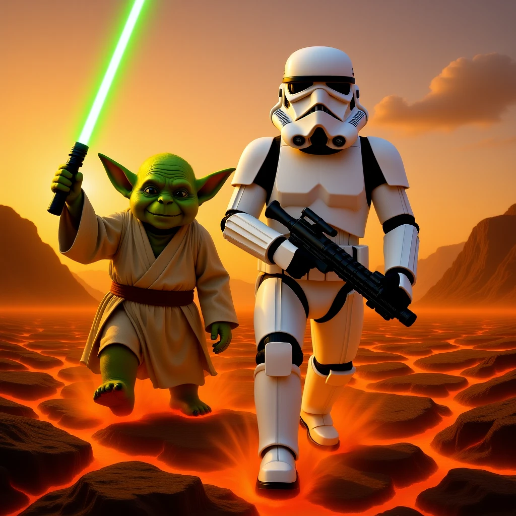 Camera POV, Starwars stormtroopers vlogging selfie, he is walking on lava planet with yoda emoji