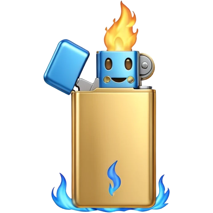 3D emoji icon of a golden metallic lighter with a blue flame, high quality, 3D render, minimalist white background emoji