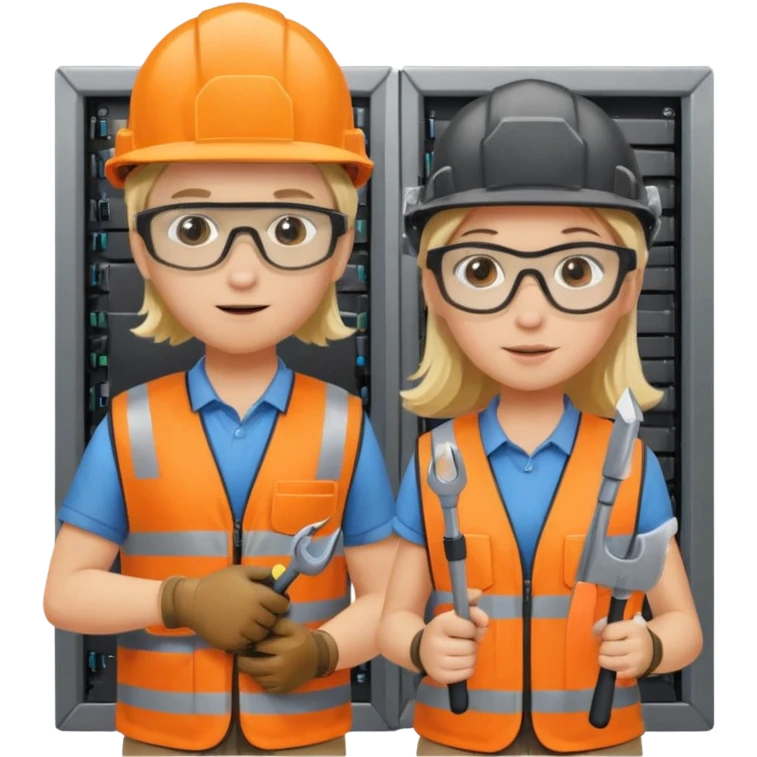 Create a emoji of boy and girl(blond hair) pushing Data center rack servers. They wearing helmet, ear protection, safety glass, orange vest. Holding drill and wrench emoji