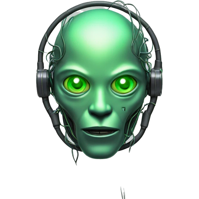 Round Alien cyborg head with glowing wires and green eyes  emoji