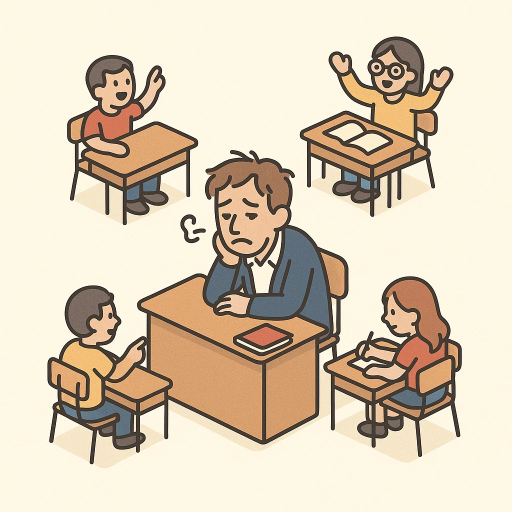 exhausted teacher in a bustling classroom emoji