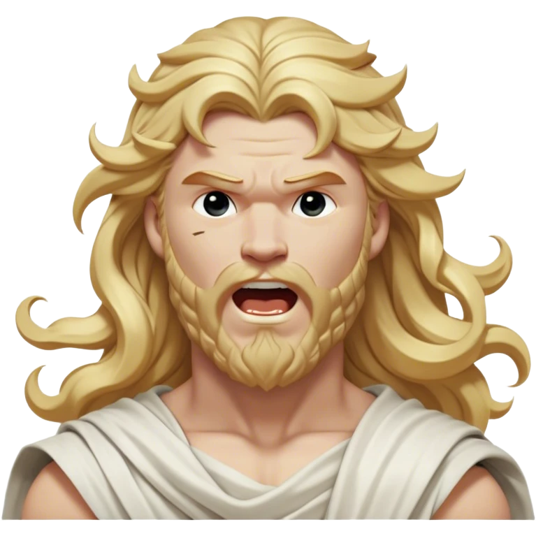 Cinematic Realistic Thor Portrait, head tilted slightly with a dramatic, wide-open yawn, revealing a moment of unguarded human vulnerability amidst his divine stature. His fair, luminous skin and elegantly styled, wavy golden hair maintain their sculptural perfection even in repose. Dressed in a flowing white toga with understated golden accents, the portrait is bathed in soft natural light, capturing a rare glimpse of relaxed, timeless strength from a Greek god reborn. emoji