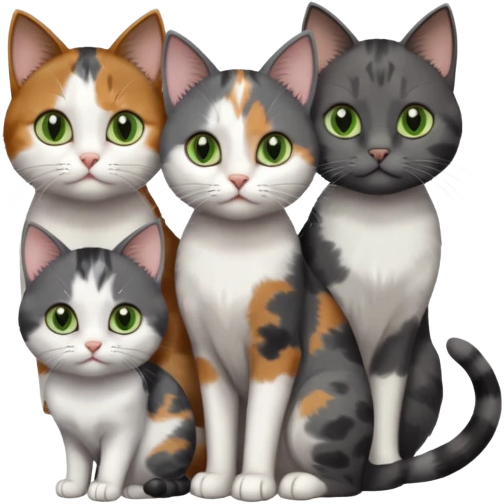 3 different coloured small cats including a dark grey and white, and a patchy calico with hazel eyes and a completely solid dark grey with green eyes and only white paws emoji