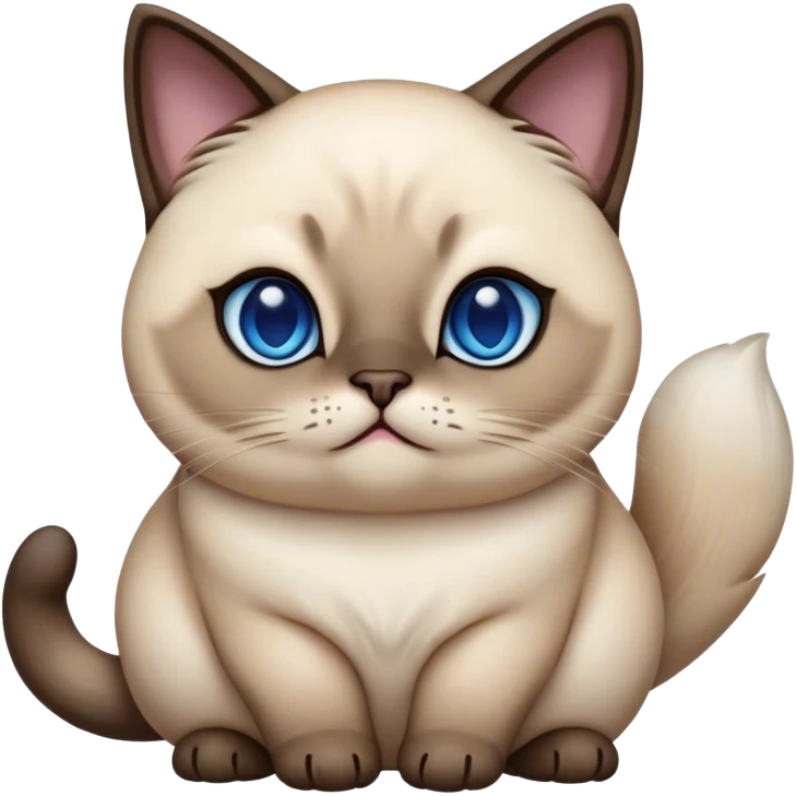 Cinematic Cute Chubby Siamese Cat Portrait Emoji, Round and plump body, soft cream-colored fur with rich dark points on the ears, face, paws, and tail, big, sparkling sapphire-blue eyes, Simplified yet irresistibly adorable features, highly detailed, glowing with a warm, cozy glow, high shine, curious yet calm, stylized with a touch of whimsy, bright and endearing, soft glowing outline, capturing the essence of a mischievous yet lazy and loveable kitty, so cuddly it feels like it could waddle right out of the screen for a snuggle! emoji