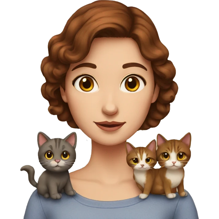 Woman with brown hair and brown eyes holds five cats emoji