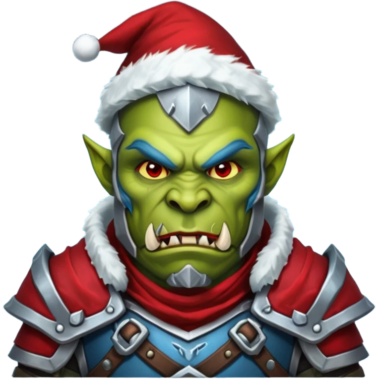 Fantasy Christmas orc legion soldier icon, iron tundra army theme, heavy winter armor, disciplined brutal look, dark icy steel armor with bold crimson cloth and markings, cold blue shadows, high contrast, clean emoji portrait style
 emoji