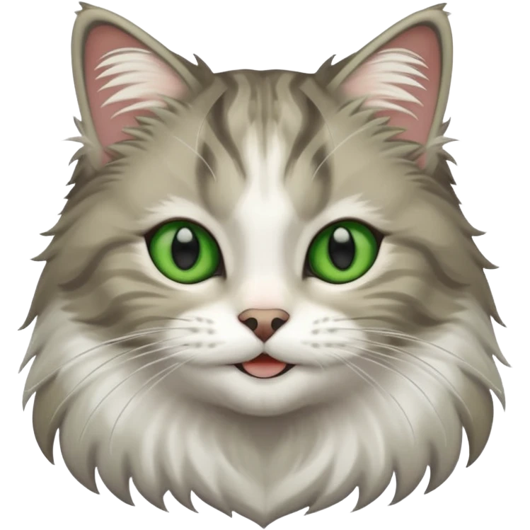 Siberian forest cat grey and white with white around eyes and green eyes smiling emoji