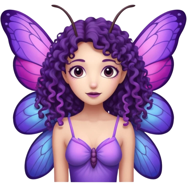 moth fairy with dark curly hair, light purple skin, and moth wings of blue purple and pink. she has moth antenna emoji