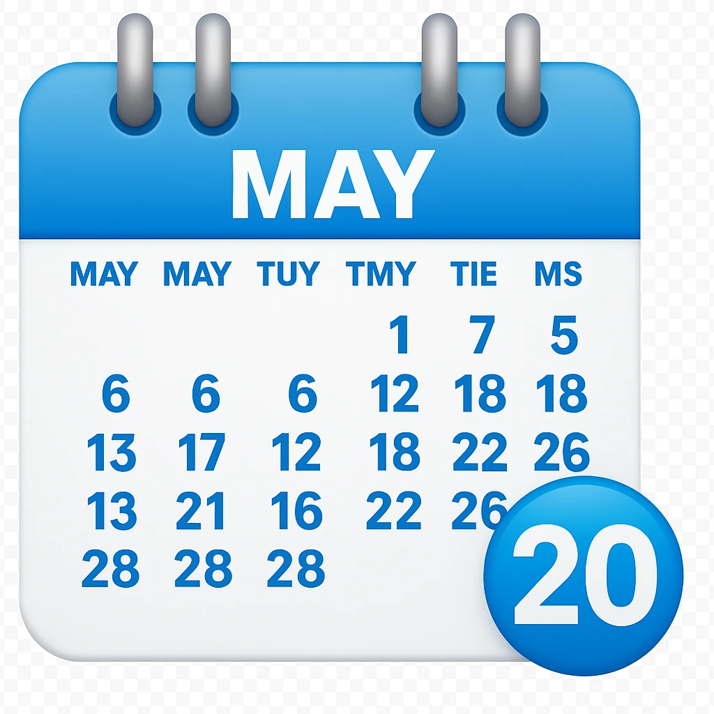 Edit the image to change the text 'May2' to 'May' and enlarge the number '20'. The style is emoji style, so keep the emoji look and feel. Remove the background so the subject is isolated. emoji
