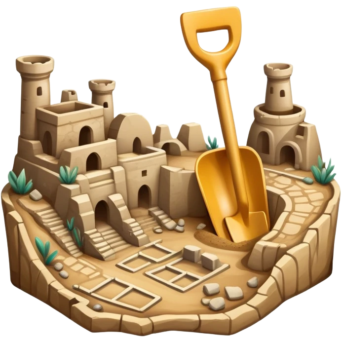 An icon showing an ancient city excavation site with a shovel, an old map, and uncovered ancient amphoras. The design captures the thrill of uncovering historical treasures and ruins. Transparent background highlights the excitement of archaeological discovery. emoji