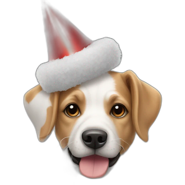 A dog in soccer cages is wearing a party’s hat emoji