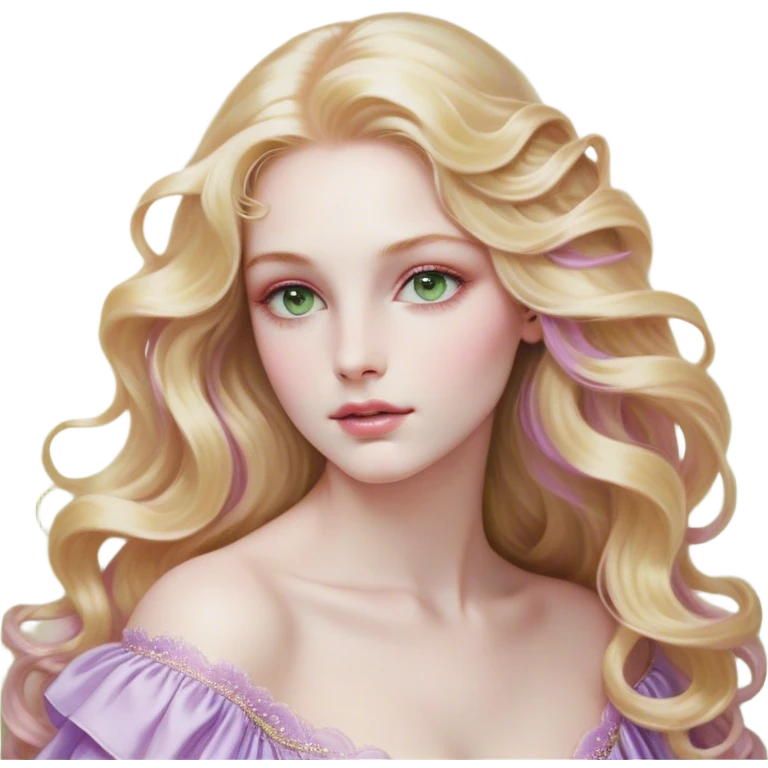 Cinematic Realistic Rapunzel Portrait, with porcelain-like skin featuring a subtle, natural glow, illuminated by soft lighting that brings out the gentle contours of her face. Her long, golden blonde hair cascades in detailed waves, each strand highlighted with a radiant shimmer as it catches the light. Her bright, expressive green eyes exude curiosity and warmth, framed by delicate lashes and soft, arched brows. Her expression is playful and vibrant, with a gentle smile. She is dressed in her classic lavender and pink gown, the fabric textured with delicate folds that flow naturally, catching the light with a soft, radiant glow. The portrait captures a luminous, enchanting aura, seamlessly blending realism with a whimsical, fairytale charm, evoking a timeless sense of beauty and magic. emoji