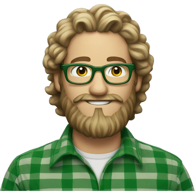 An emoji of a white man with long curly hair tied into a bun, wearing green prescription glasses. He also has a long beard and is wearing a green plaid shirt. emoji