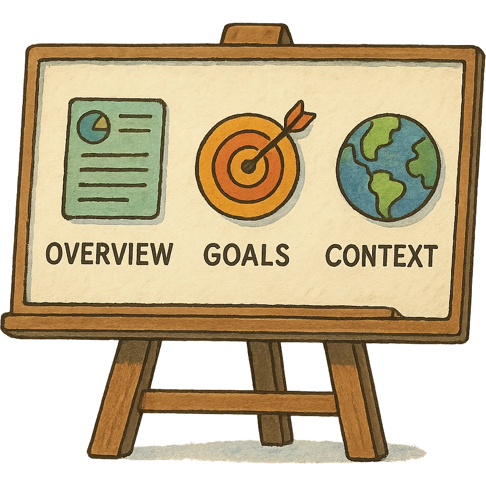 illustration of a presentation board with icons for overview, goals, and context emoji