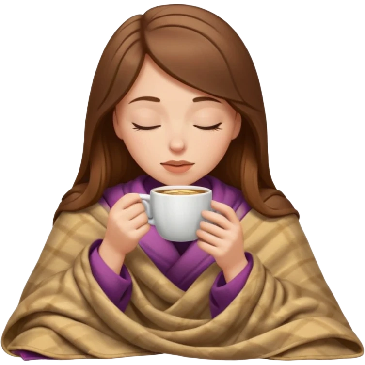 brown-haired white girl inside a blanket sipping coffee eyes closed emoji