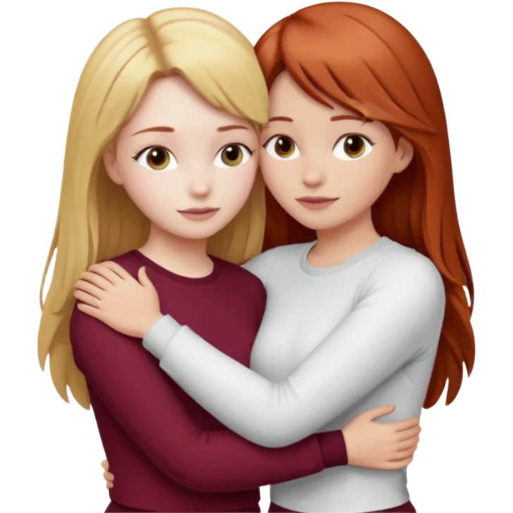 two girls who hug eachother. one has auburn hair with blonde highlights and very pale skin, other has medium-fair skin and blonde hair. first one is wearing white outfit and the second one is wearing a burgundy outfit emoji