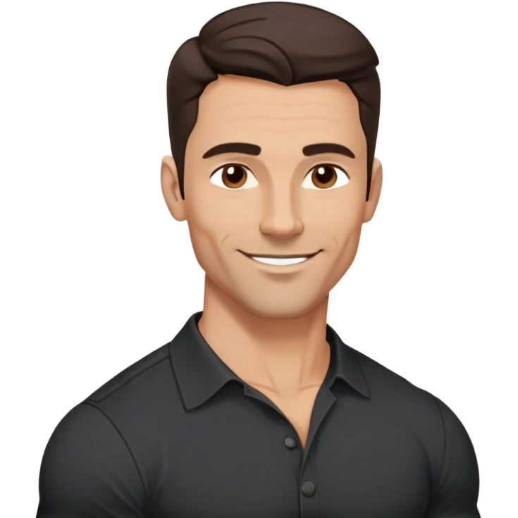 Very fit muscular 40-year-old with youthful looks, light brown skin, elongated face, strong defined jawline, charming confident smile, medium dark eyes, arched eyebrows, straight nose, buff physique, medium wavy dark hair, wearing a slightly tight black button-up shirt emoji