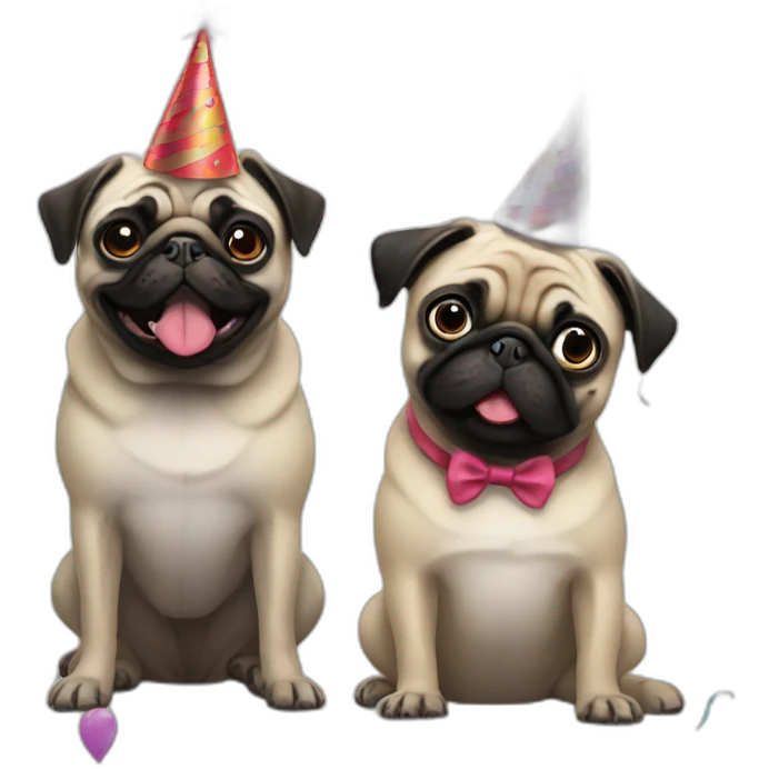 pug and black pug wearing birthday hat emoji