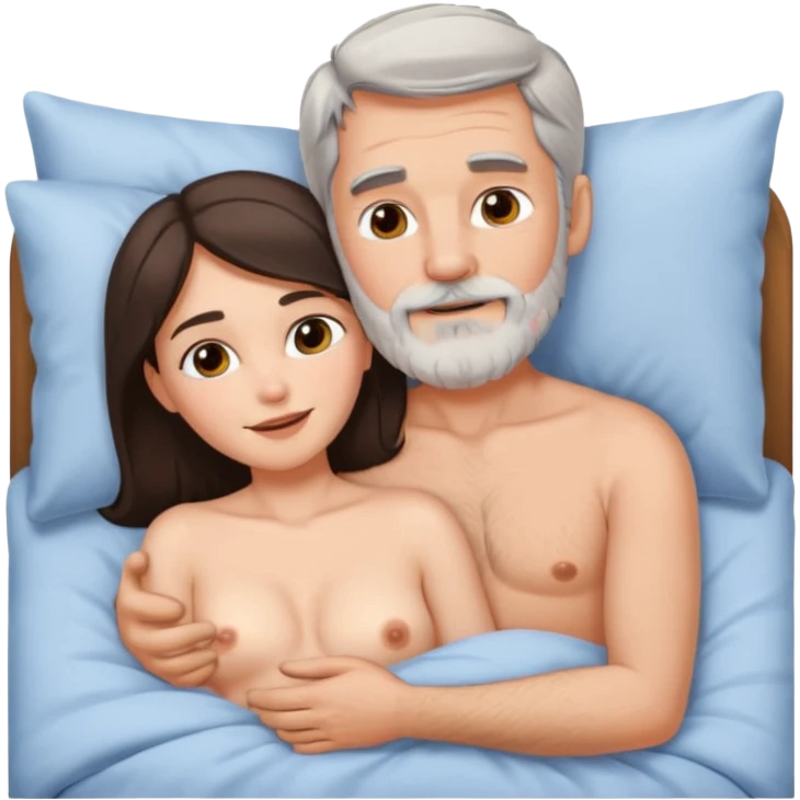 Grey haired bearded man , and pretty brunette woman naked spooning in bed emoji