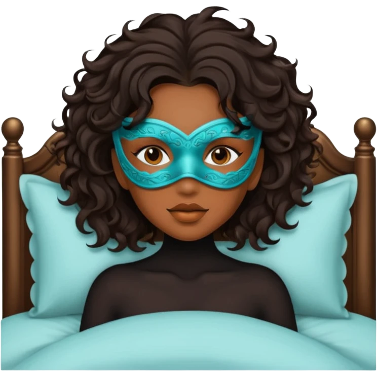 Um amenina super linda com cabelo marrom meio preto ondulado na cama com máscara no rosto emoji
