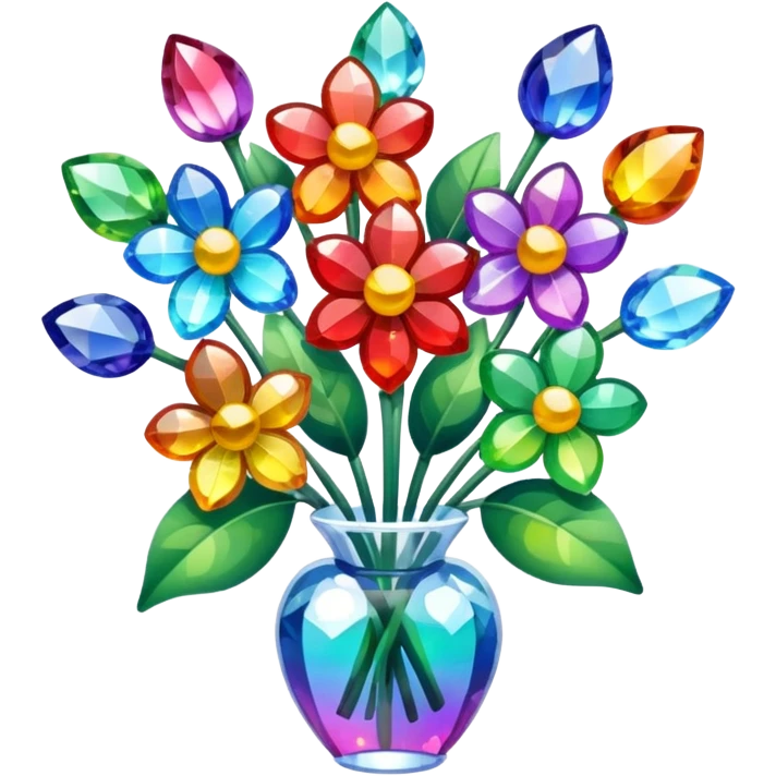 a bouquet of crystal flowers shimmering with rainbow colors, Apple emoji style emoji