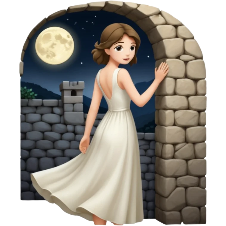 Female back arched in moonlight, skin glowing against stone walls emoji