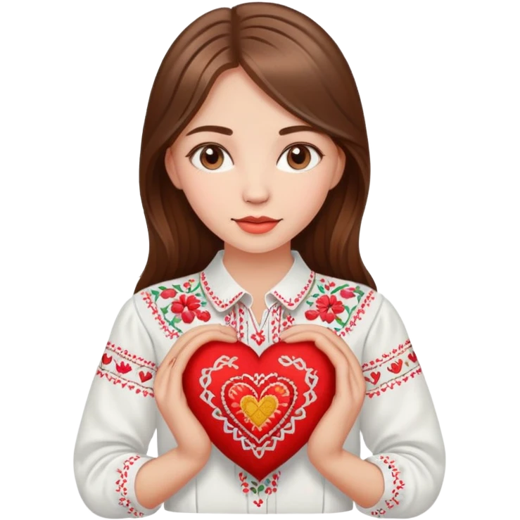 Beautiful young girl with brown hair in a white Ukrainian embroidered shirt holding a large embroidered heart emoji