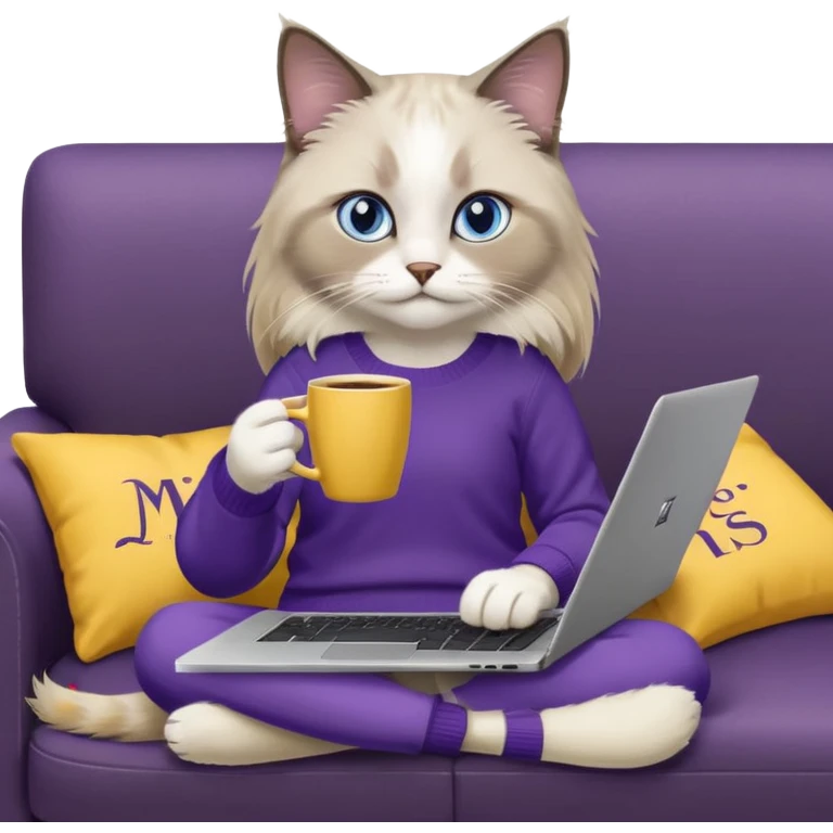 a cute blue eyed brown and white ragdoll cat with white paws and brown and beige tail wearing the dark violet sweater with yellow letteting "Milena" sitting on the grey sofa with grey laptop Lenovo and drinking coffee emoji