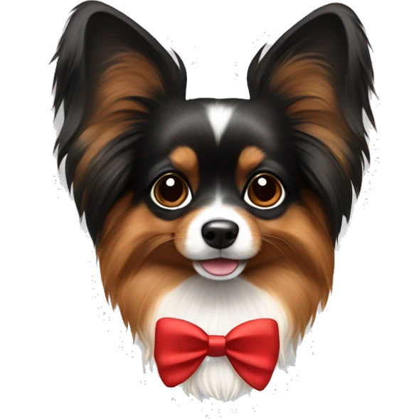 Small furry black and brown papillon breed dog wearing red bow emoji