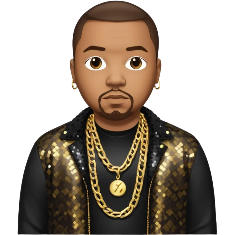 Timbaland with dark brown hair, black sequin jacket, black shirt with necklace emoji