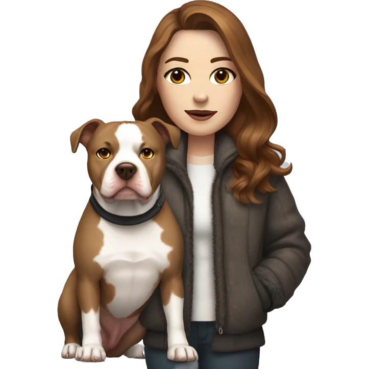 white woman with long brown hair in a furry jacket standing alongside a white pitbull with a brown patch around his eye emoji