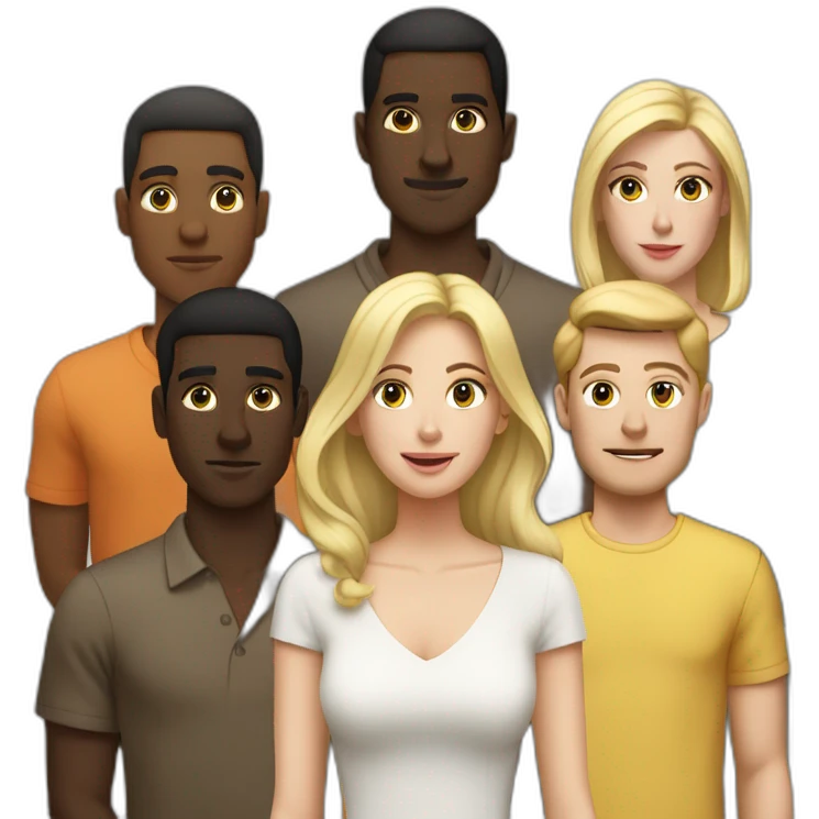 six dark-skinned men stand behind one pale blonde woman emoji