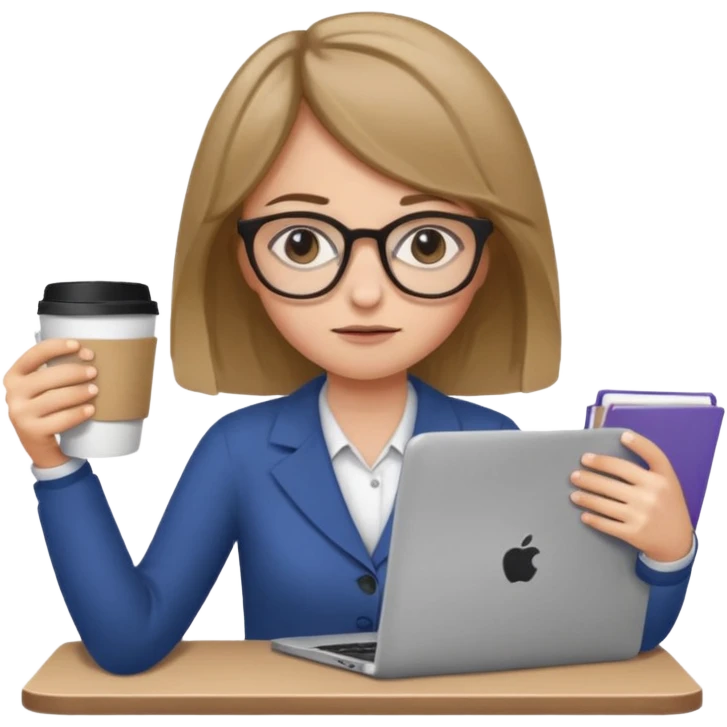 Девушка с темно русыми волосами у которой шесть рук в руках кофе ноутбук телефон папки тетради она очень уставшая  emoji