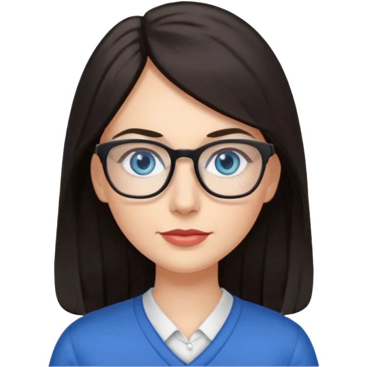 long dark hair, blue eyes, glasses teacher female, eyelashes emoji