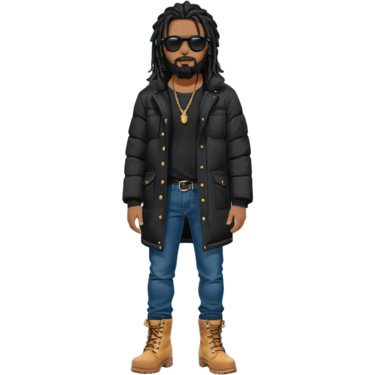 African American man with shoulder length black dreadlocks with black beard wearing black sunglasses wearing a black bubble winter coat wearing denim skinny jeans wearing wheat timberland boots standing up emoji