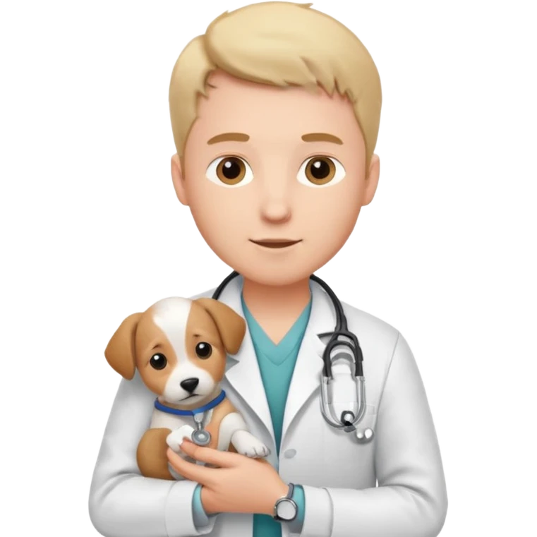 Young male vet – white coat, stethoscope, holding puppy. emoji