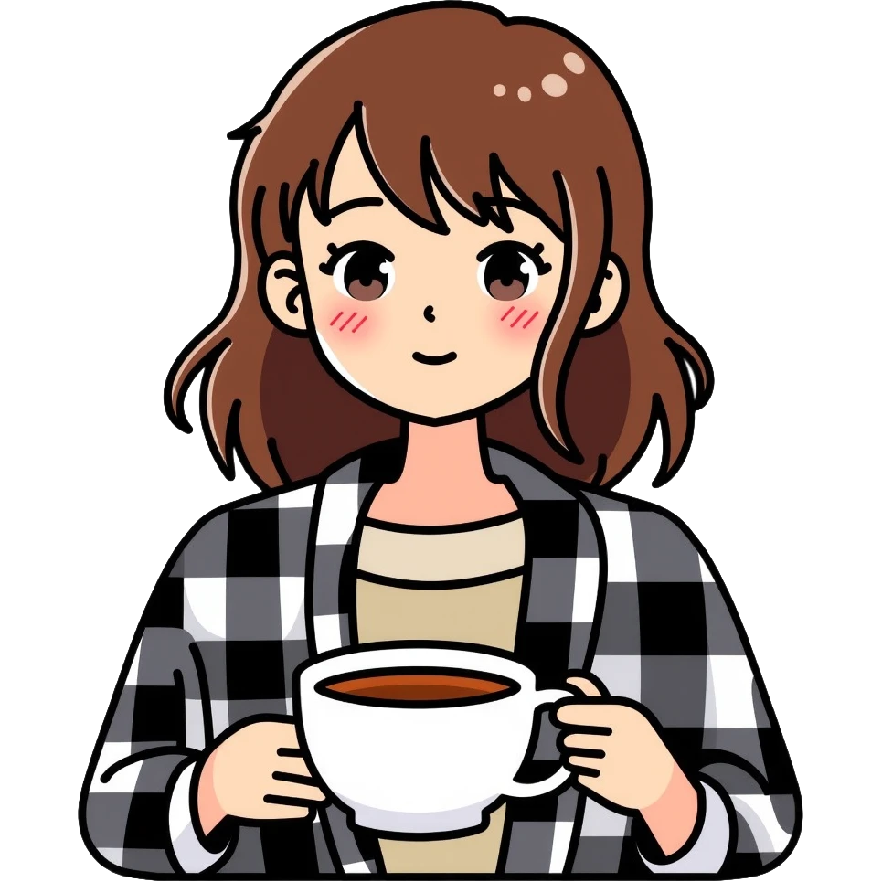 A 16-year-old girl with brown eyes and brown hair, with a black and white checkered blanket on her back, holding a white cup of tea in her hand emoji