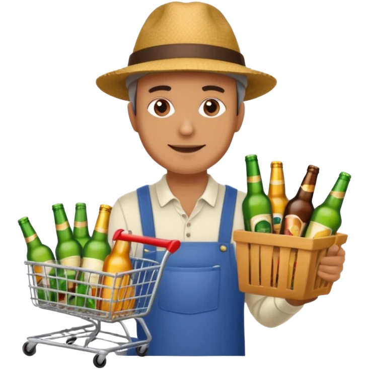 man with a shopping cart full of beers and wines emoji