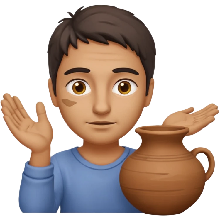 Emoji portrait of a Greek potter. Simple clothes, hands and face smudged with clay, focused expression. emoji