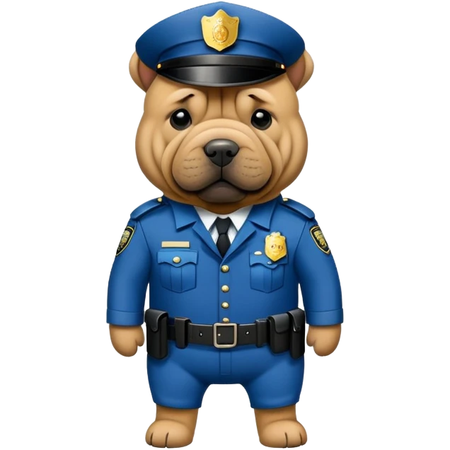 Crea un sticker de perro shar pei con traje de policía vigilante emoji