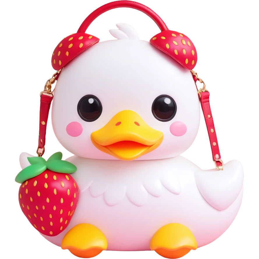 kawaii white duck with a strawberry-shaped shoulder bag, 3D style, pastel colors, big shiny eyes, soft lighting, chibi proportions emoji