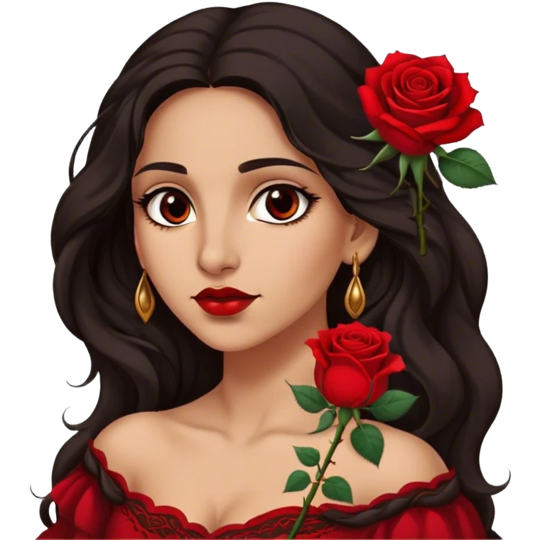 A Romani woman with long, wavy dark hair and a single red rose behind one ear. She has deep eyes and a confident, mysterious expression emoji