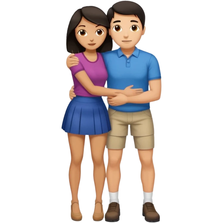  man with dark hair on knees, facing dark haired, middle aged woman in a micro mini skirt, hugging her waist emoji